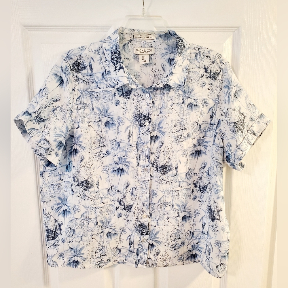 Linen Boho Trooical Print Button Down Shirt Large
